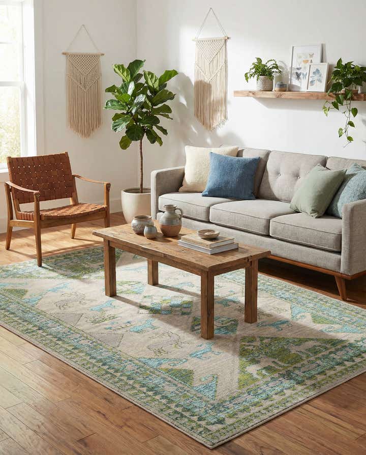 Green 185cm x 275cm Washable Santa Fe Alfombra | Rugs.mx