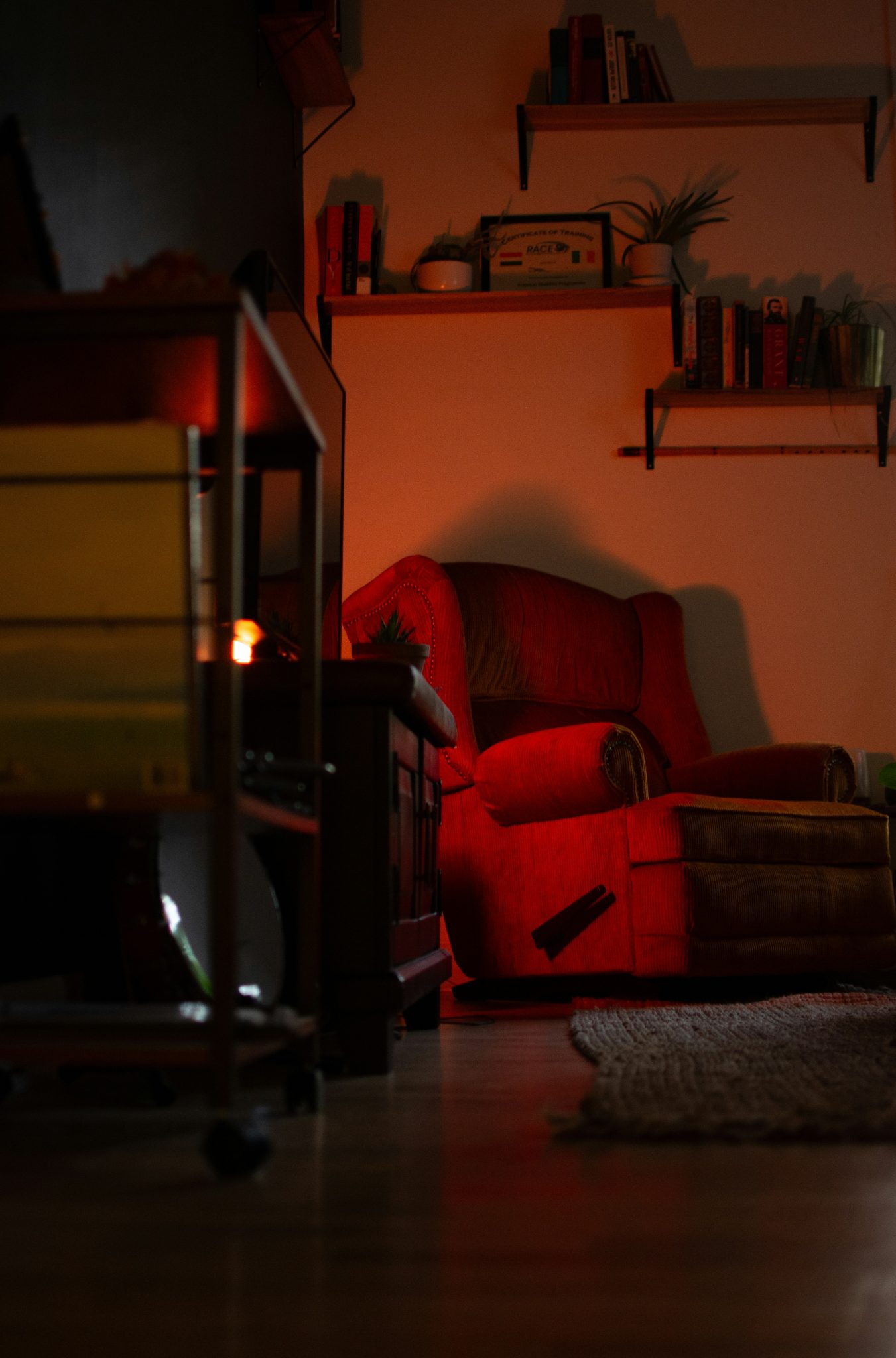 Inspiration for Halloween. A reading corner turned spooky with lights. Who sits in the chair? A ghost? A spirit? The 100-year old house has history...