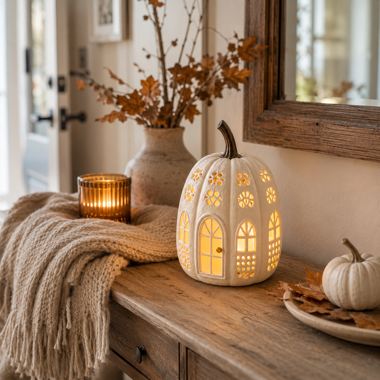 Lighted Cream White Pumpkin Cottage Decor