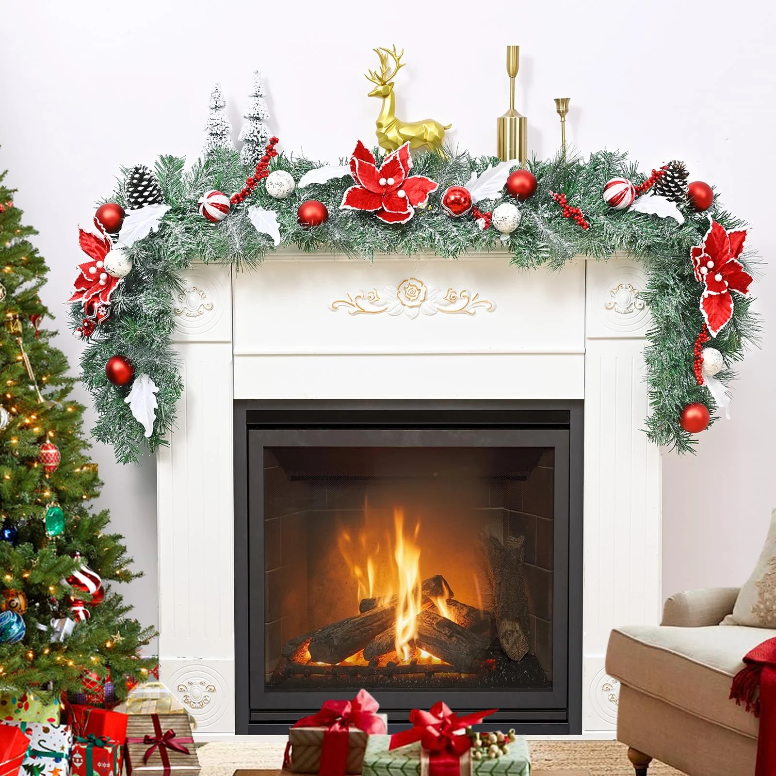 Long Flocked Christmas Garland with Poinsettia, Pinecones, and Balls Display - Julomart