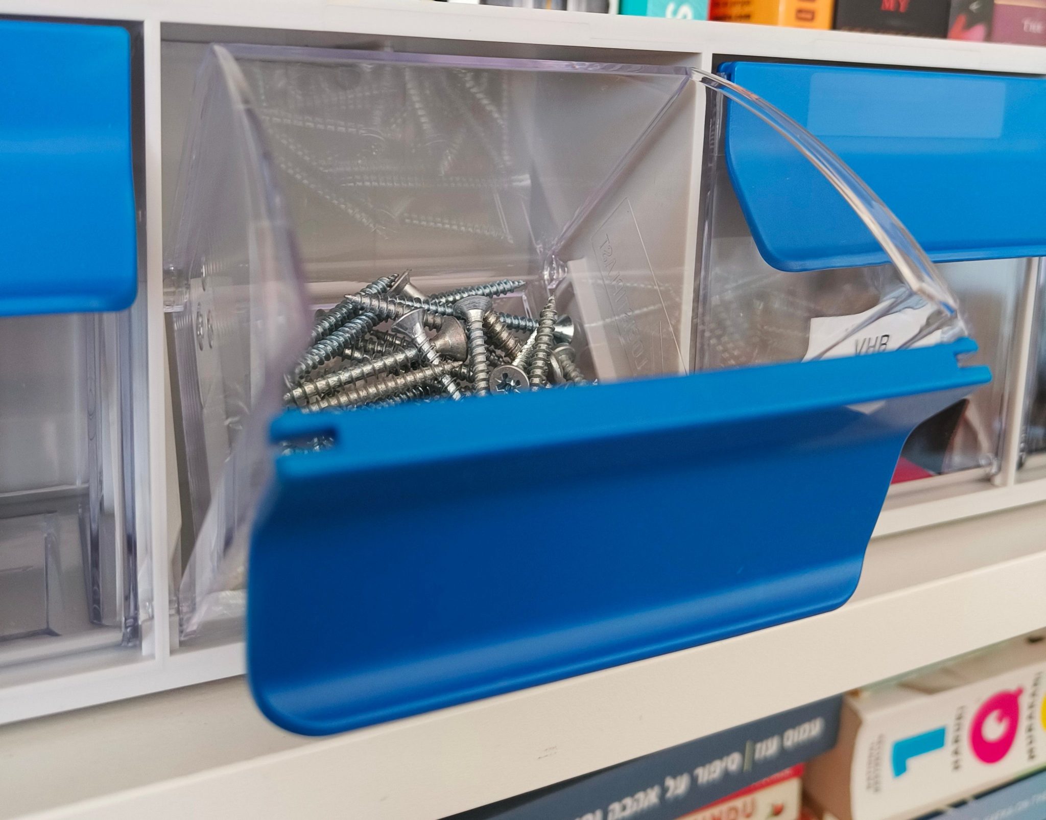 Metal screws in a blue hardware storage bin for organization and DIY projects.