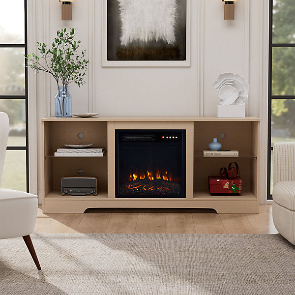 Modern wooden TV cabinet with built-in electric fireplace, adjustable flame and remote control