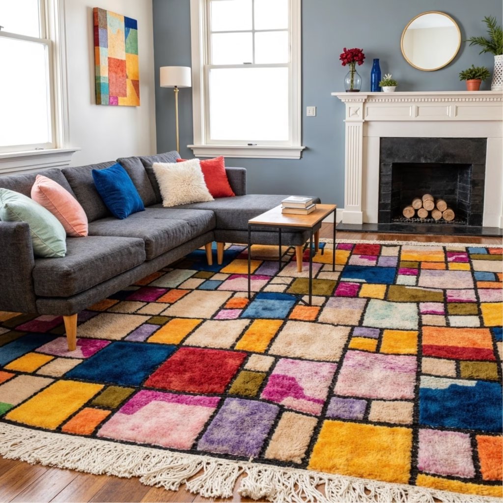 Patchwork Color Block Rug — Handwoven Mrirt Wool, Jewel Tone Mosaic, Natural Vegetable Dyes (Rug Size: 3′3″ x 6′7″ (1 x 2 m))