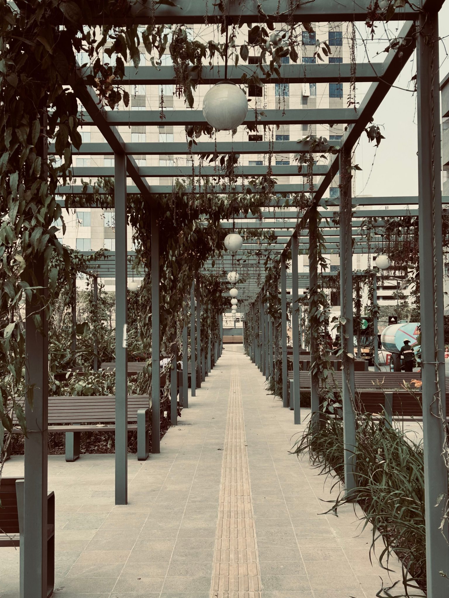 Pathway covered with vines and urban architecture, Bangalore's contemporary outdoors.