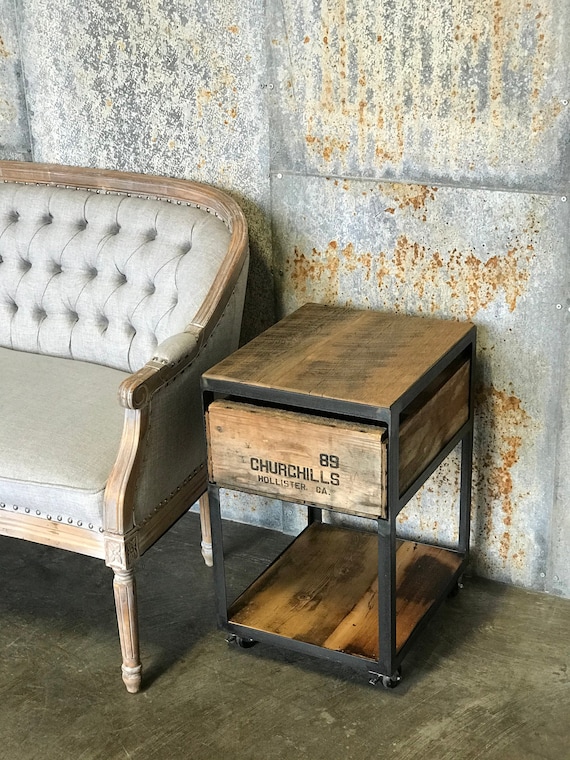Repurposed Crate End Table Industrial Rolling Side Table With Reclaimed Wood Crate Drawer