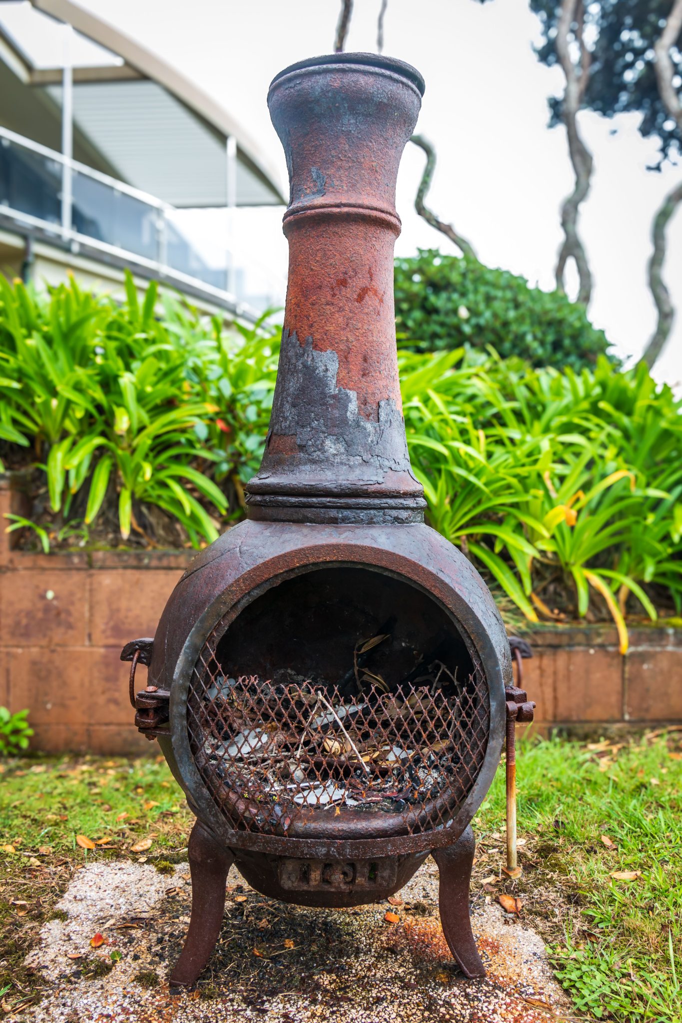 Rusty outdoor fireplace surrounded by lush greenery and plants in a backyard setting.