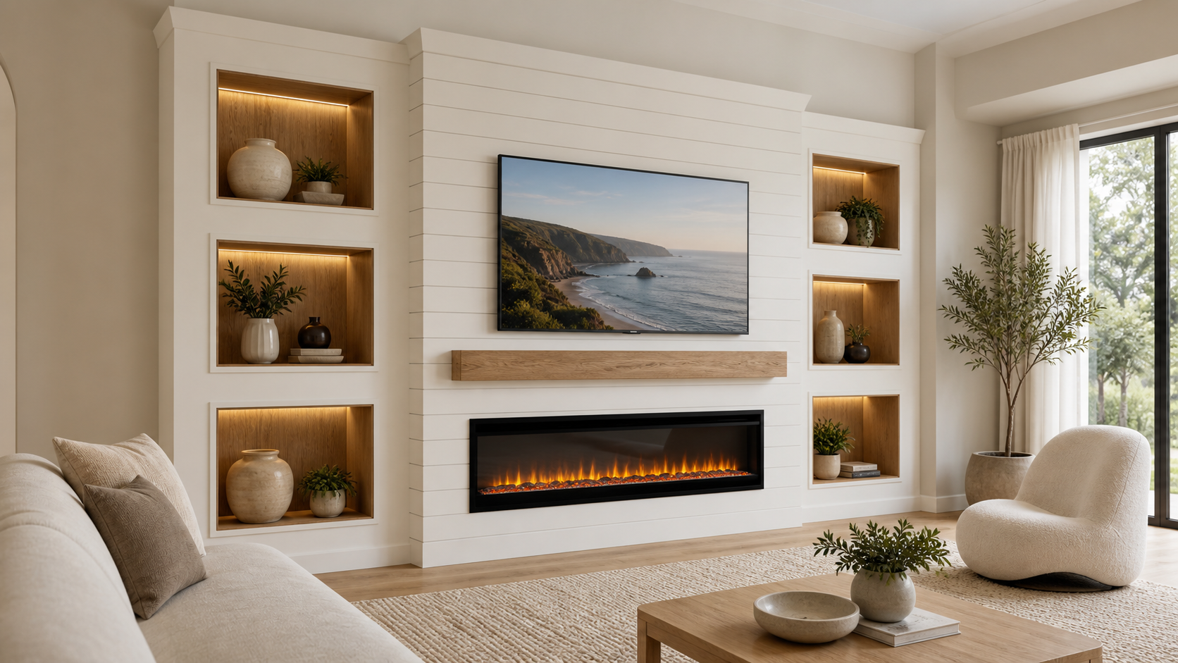 Shiplap Fireplace Media Wall with Niches | C2-002 | TV Media Wall