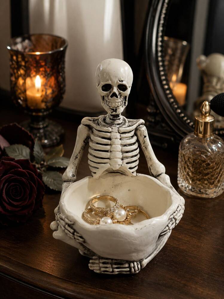Skeleton Jewelry Tray, Skull Trinket Dish, Gothic Ring Holder Bowl, Halloween Decor, Spooky Vanity Organizer For Rings, Earrings, Necklace, Keys, Desk, Bedroom, Bathroom Counter, Haunted House Party