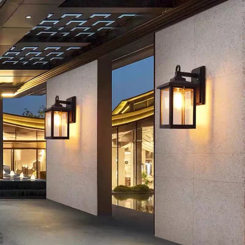 Small Modern Black Waterproof Outdoor Wall Lantern with Crackle Glass. | Steadfast