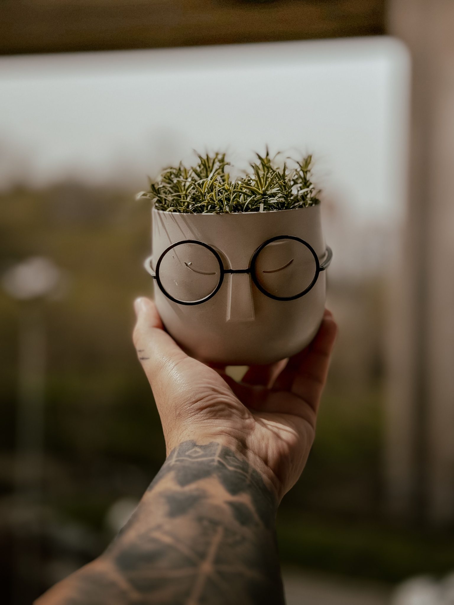 Tattooed hand holds a whimsical face-shaped planter with glasses, outdoors in daylight.