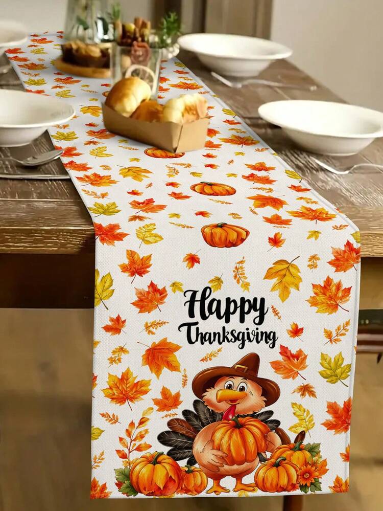 Thanksgiving Pumpkin & Turkey Table Runner, Autumn Harvest Home Kitchen Decor Table Runner, Placemats, Pillow Covers, Seasonal Home Decor, Farmhouse Style, Faux Linen Material | SHEIN USA