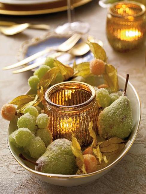 Thanksgiving Table Centerpieces Created with Fruits, Berries, and Candles
