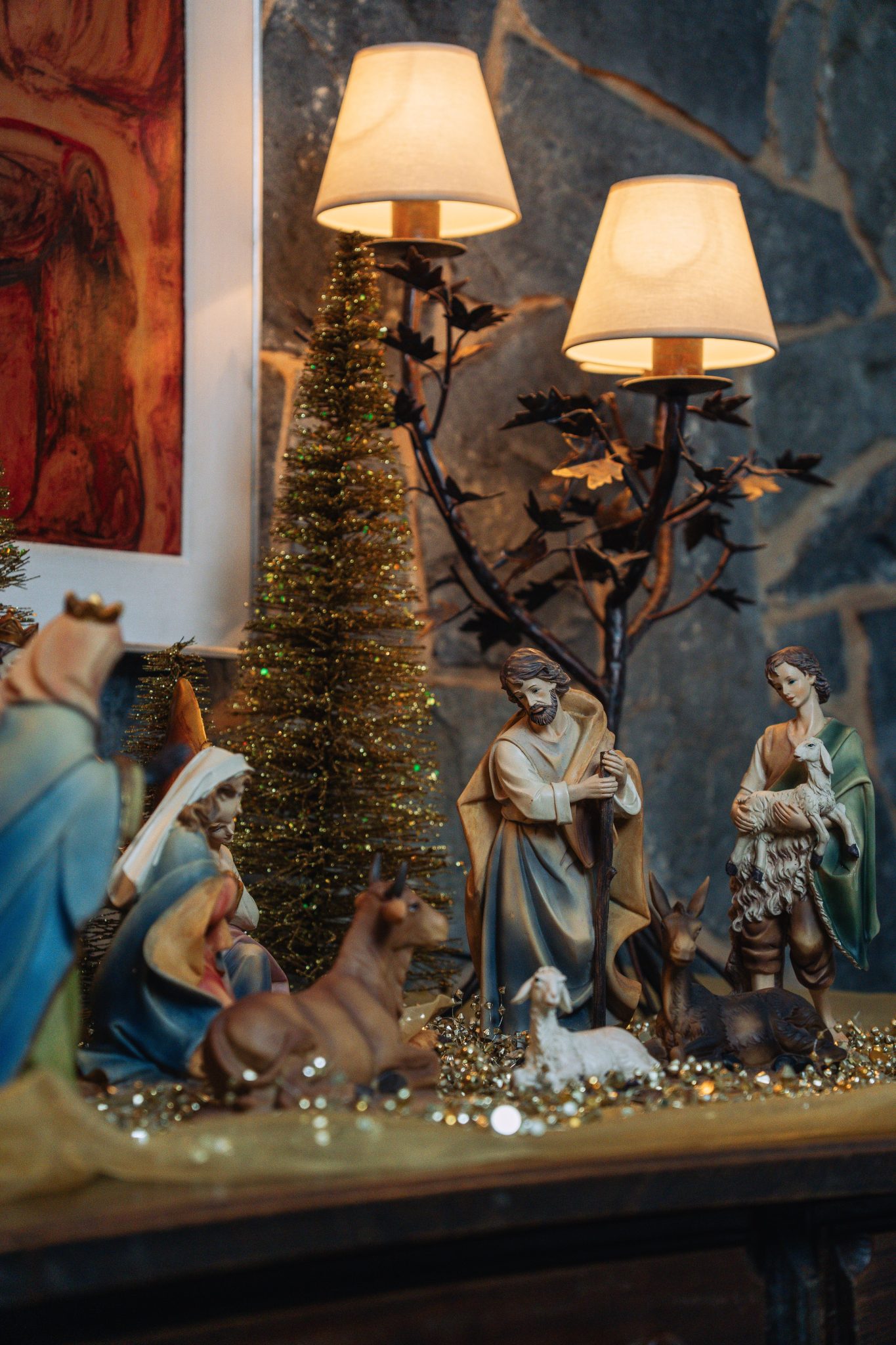 Traditional Christmas nativity scene with beautifully crafted figurines and festive decorations.