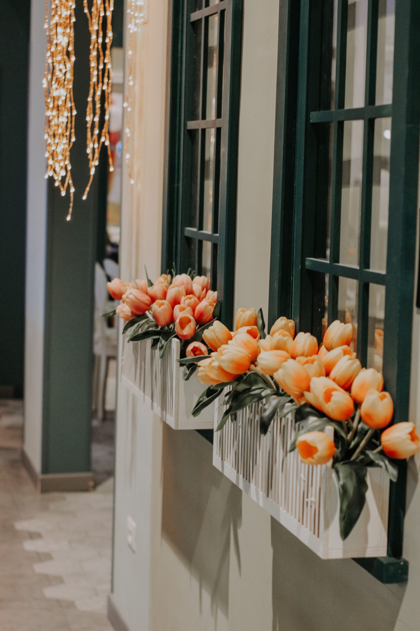 Vertical shot of vibrant tulip flower boxes on stylish window sills indoors.