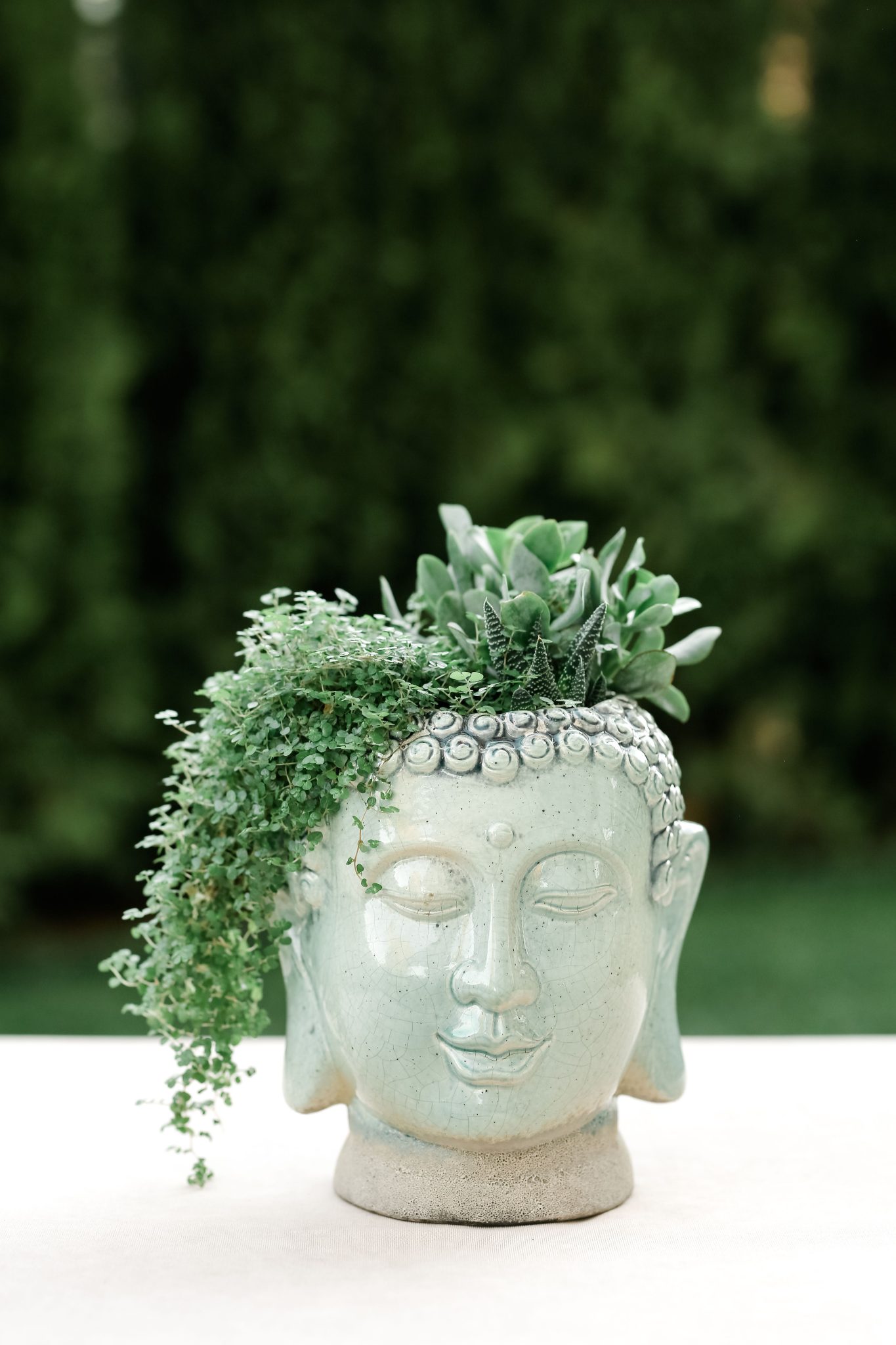 White ceramic Buddha head shaped vase with green vegetation placed on table on terrace against trees on blurred background in summer day