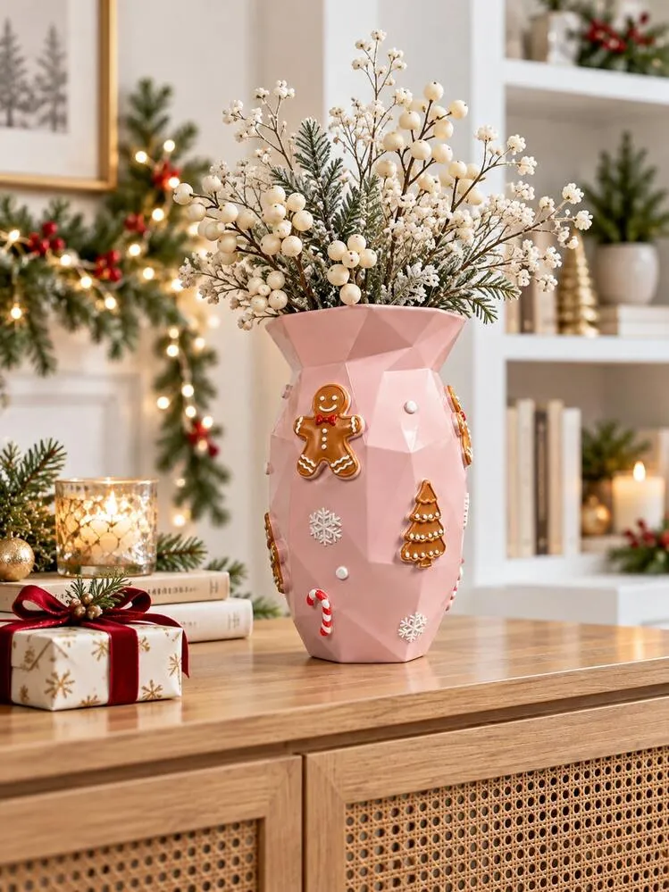 1 pezzo Vaso per fiori natalizi in resina, vaso decorativo festivo, design bianco crema con campana di agrifoglio o rosa con pan di zenzero, vaso geometrico, decorazione natalizia per la casa, centr