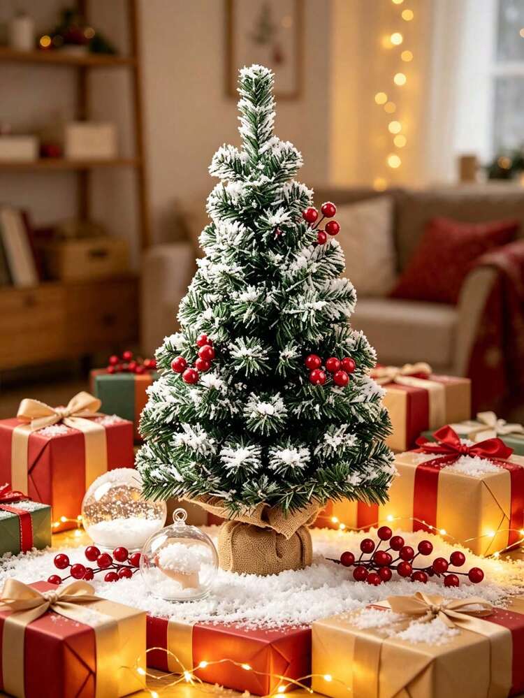 1 Set Desktop Mini Christmas Tree Set With Artificial Snow And Christmas  Holly Berries, Artificial Miniature Pine Christmas Tree, Linen Base,  Suitable For Christmas Decoration, Home, Kitchen, Dining