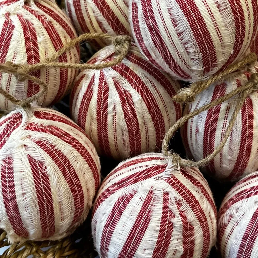 10 Primitive red stripe Fabric RAG BALLS Christmas Ornaments farmhouse  decor ptaufiqphotography.com