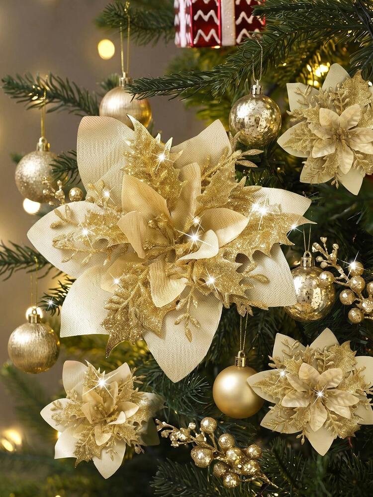 1/10/20/30pcs Shiny Red Christmas Tree Hanging Ornaments With Clips, DIY Christmas Wreath Party Decoration Flowers, Home Decor, Party & Holiday Decoration Flowers, Gift Box Decoration (Gold) - Produ