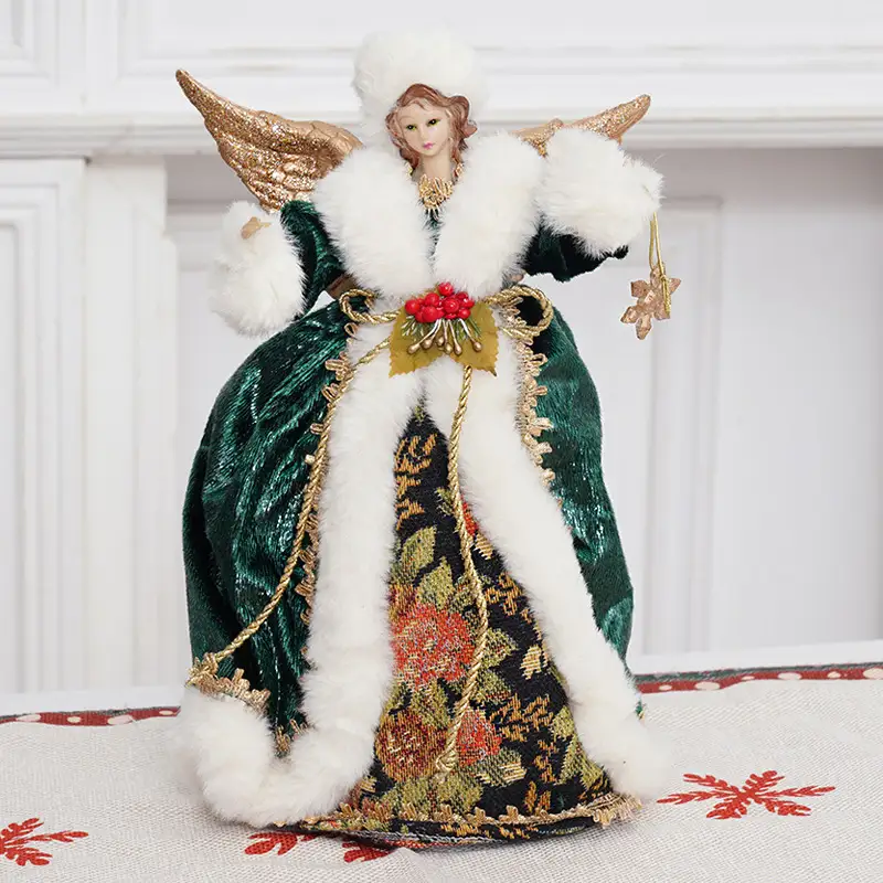 12' Red Hair Green Satin Angel Topper Holding Snowflake
