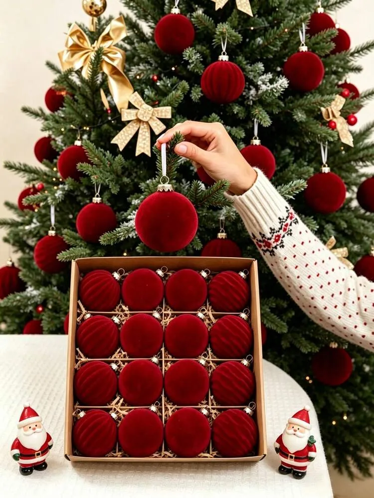 12/15 pièces Boules de Noël en velours à suspendre, Décorations de Noël  Joyeux Noël, Boules de Noël bordeaux, Décorations de Noël, Boules de Noël  rouges 4/6cm, Boules de Noël à suspendre, Décoration