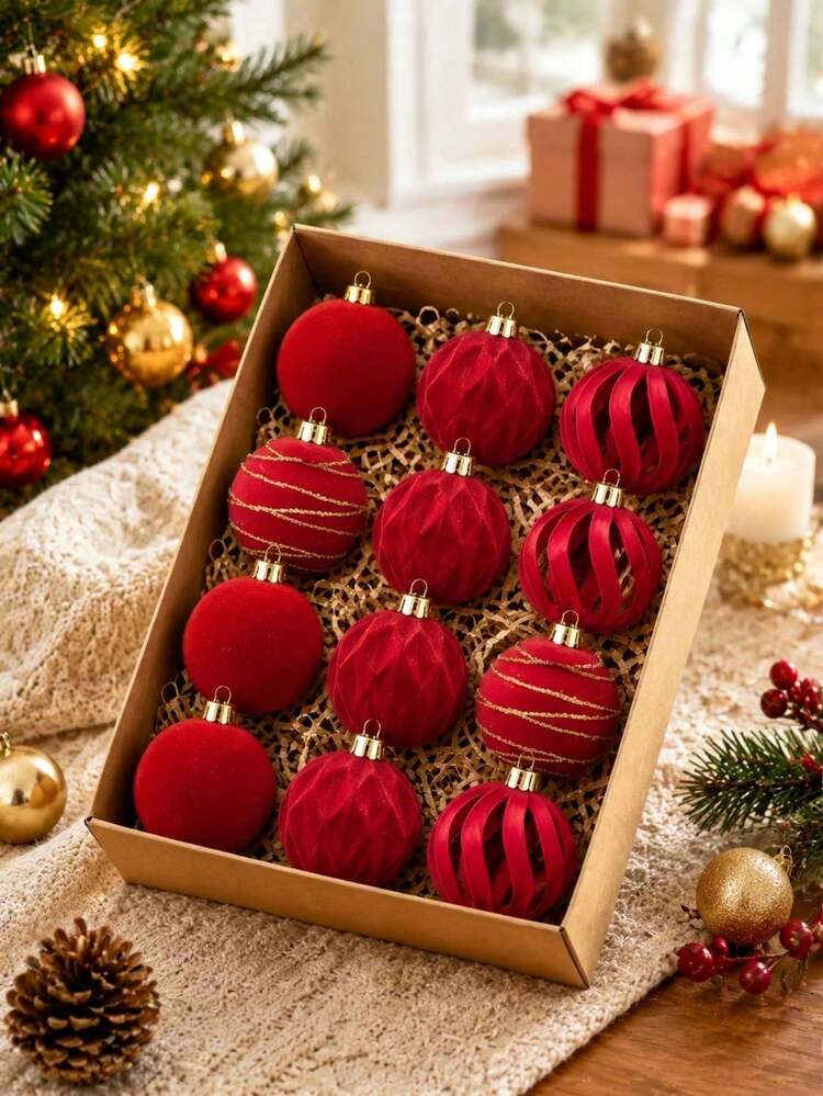 12/15pcs Velvet Christmas Tree Hanging Ornaments, Merry Christmas Decor,  Burgundy Christmas Ball Decorations, Christmas Decorations, 4/6/8cm Red  Christmas Balls, Christmas Hanging Ornaments, Home De