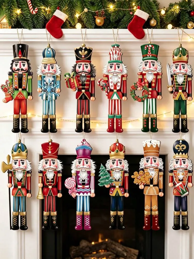 12/24pcs Christmas Nutcracker Wooden Ornaments, Classic Nutcracker, Christmas Decoration Ornament, Wood Hanging Decoration Set, Decorative Hanging Ornaments, Xmas Tree Crafts Hanging Ornaments, 2D .