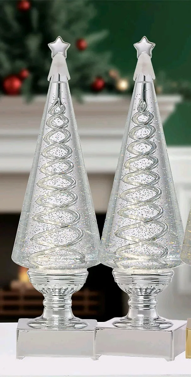 14-Inch Lighted Spinning Spiral Glitter Trees Set of 2 - Silver LED  Christmas Decoration with Timer & Elegant Ornate Base