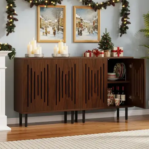 149.86 cm Walnut Vintage Storage Cabinet, Farmhouse Sideboard Buffet with Closed Doors Adjustable Shelves for Holiday Dining Room Decor