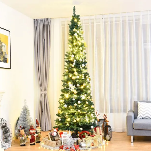 1.5/1.8/2.1/2.4/2.7 M Green Pencil Christmas Tree with 400 PVC Branch Tips and Foldable Sturdy Metal Stand - Costway