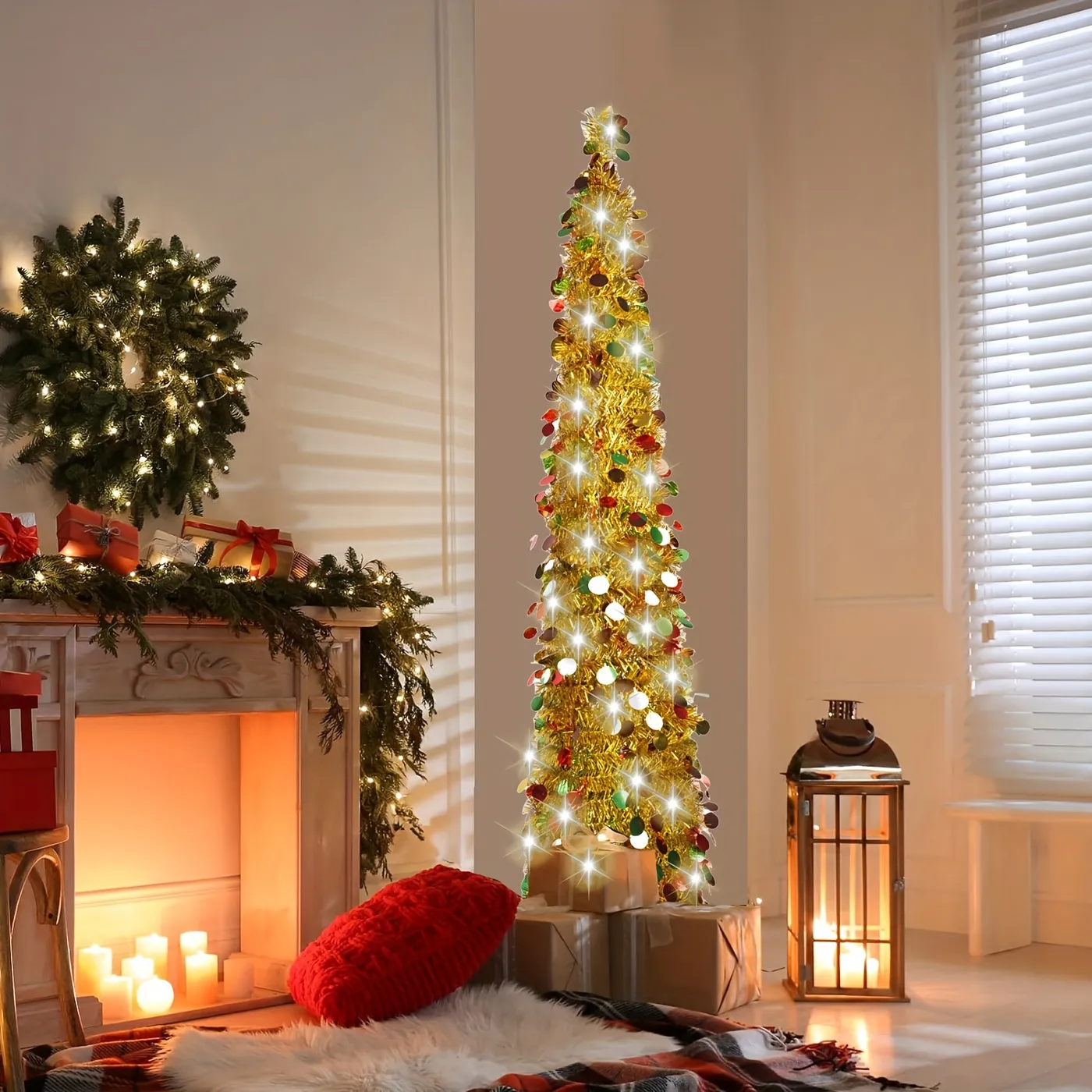 152.4 cm Pre-Lit Pencil Christmas Tree with Lights, Mini * Up Christmas  Tree, Collapsible And Foldable for Small Apartments, Golden And Colorful  Holiday Trees, Halloween Decorations. * Indoor Use. .