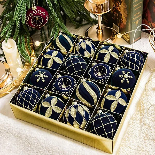 16Pack Dark Blue Velvet Christmas Baubles, 3.15 Inch Golden Glitter Hanging  Ornaments for Christmas Tree, Holiday