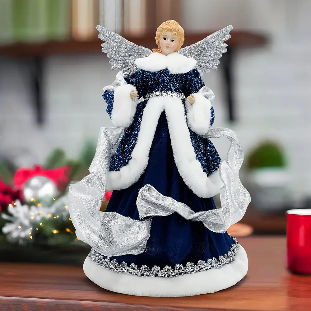 18″ Large Blue Angel Christmas Tree Topper with Silver Wings