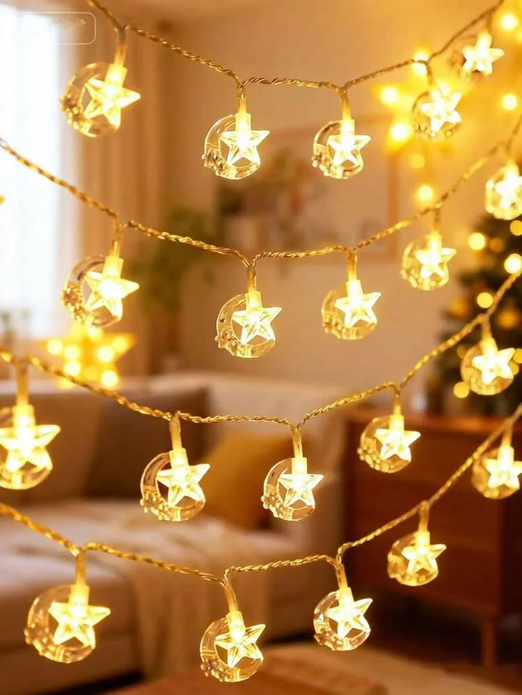 1pc 1.5m/3m/6m Cute Star & Moon Decoration String Lights, Battery Powered Indoor Starry Fairy Lights, Decor For Room, Bedroom, Wall, Ramadan & Eid Decoration | SHEIN