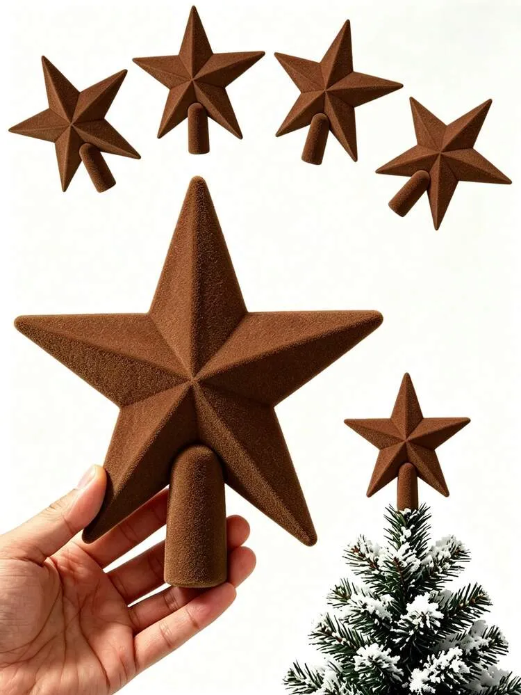 1pc Brown Christmas Tree Topper Star, 7.87 Inch, Flocked Material Christmas Tree Top Decoration Star, Holiday Ornament, Suitable For Party Indoor/Outdoor Home And Office Decoration, Add Festive Spar