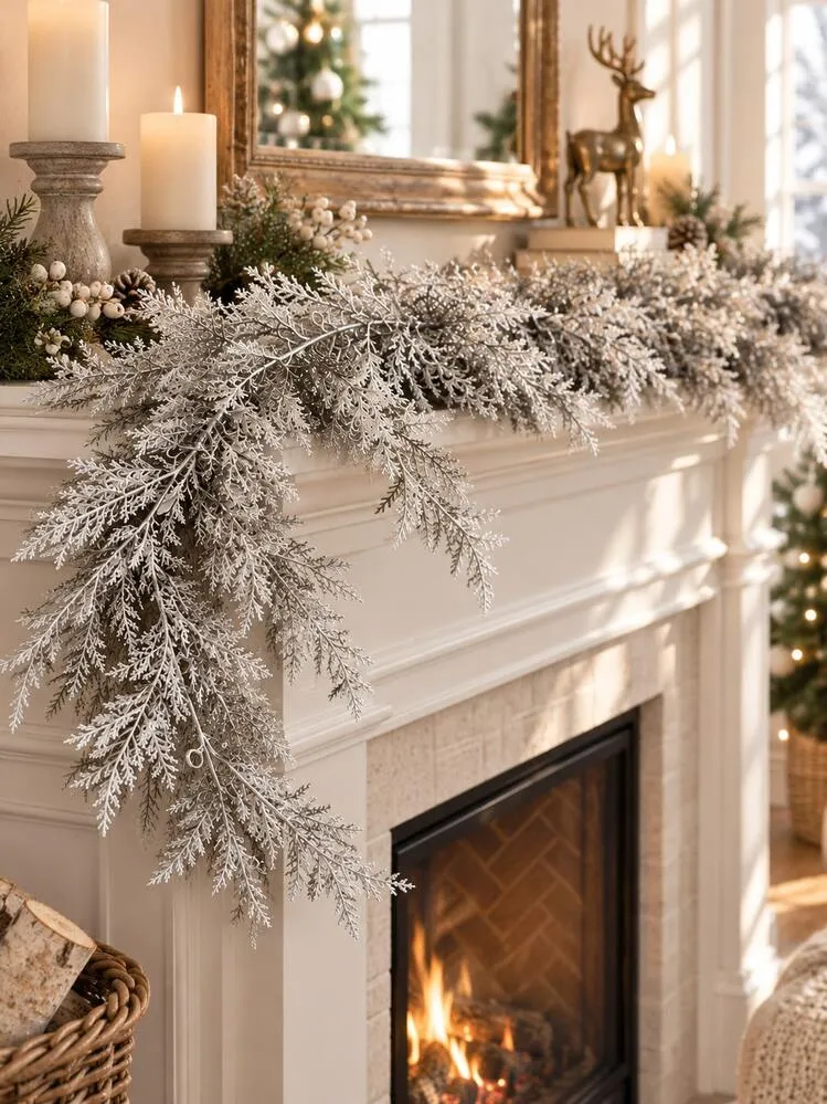 1pc Christmas Artificial Vine Decoration Snowy Silver Artificial Cedar Branch Vine Christmas Wreath Holiday Party Home Decor Dining Table Centerpiece Winter Decoration Ornament Suitable For Bedroom