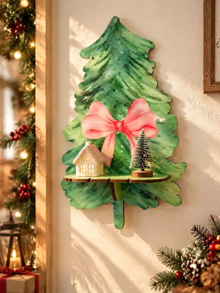 1pc Christmas Decoration Green Christmas Tree With Pink Bow Pattern Fresh And Bright Holiday Wall Shelf American Country Christmas Home Style Christmas Tree Silhouette Design Large Bow Decor Single