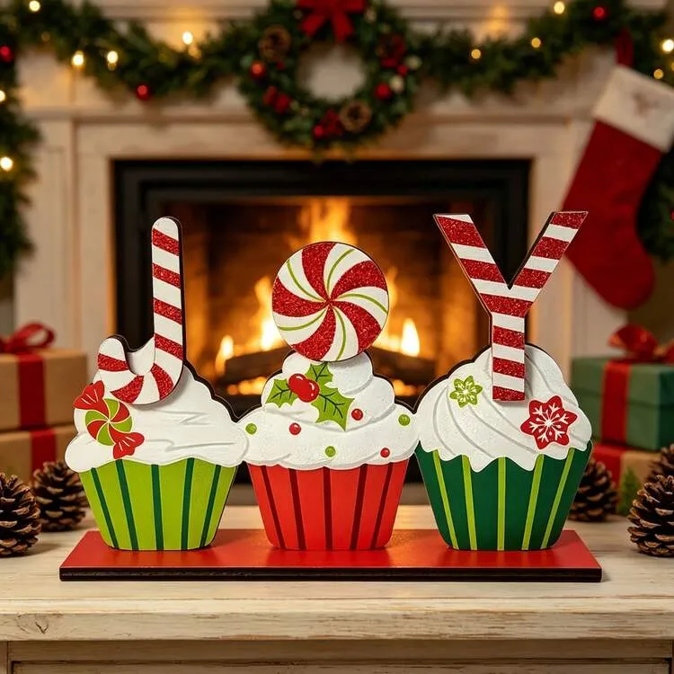 1pc Christmas JOY Cupcake Wooden Tabletop Sign, Glitter Candy Cane Holly  Berry Xmas Desktop Centerpiece Decor,