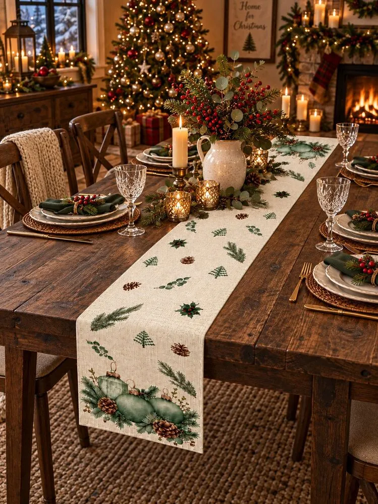 1pc Christmas Table Runner, Green Christmas Ball, Pine Cone, Eucalyptus  Leaf, Pine Branch Print, American Country Christmas Table Decor, Suitable  For Holiday Dinner Party, Kitchen Dining Table | SHE