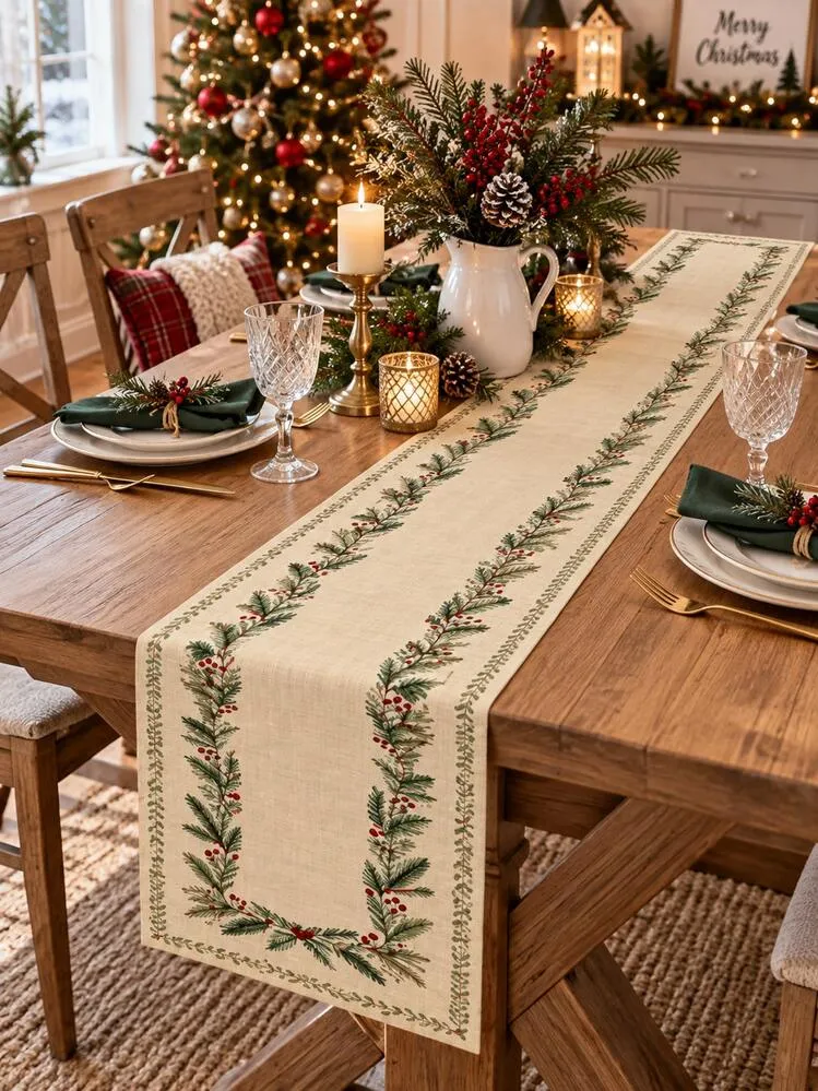 1pc Christmas Table Runner, Pine Branch & Red Berry Floral Print Table  Runner, Simple American Country Christmas Table Runner, Elegant Dining Table  Holiday Decor | SHEIN