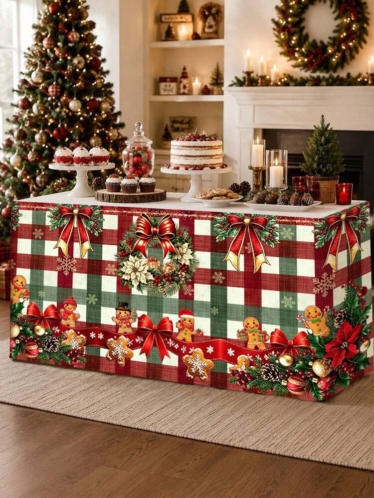 1pc Christmas Table Skirt, Cartoon Gingerbread Man & Bow Polyester  Rectangle Table Cover, 5 Hook-And-Loop Fasteners Xmas Tablecloth, Festive  Winter Holiday Kitchen Dining Table Decor Christmas Decor