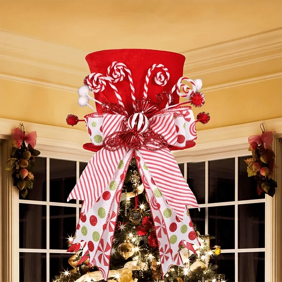 1pc Classic Christmas Tree Topper Hat, Velvet Red With Cute Bow Decor, Ribbon Christmas Tree Topper, Suitable For Home, Office, Christmas Tree Decoration, Holiday Party (Christmas, New Year, Winter)