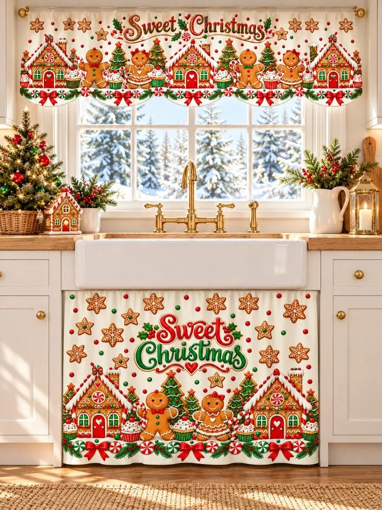1PC Cream Christmas Gingerbread Curtain, Sweet Gingerbread House, Cookie &  Candy Cane Print, Polyester Window Valance Or Under Sink Cabinet Curtain,  Rod Pocket Style, Kitchen Decor, Candy Wonderland