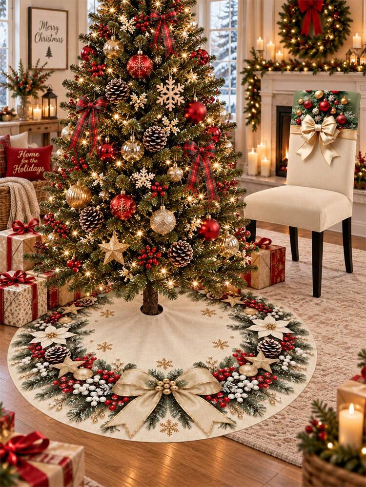 1pc Elegant Ivory Christmas Tree Skirt, Champagne Gold Linen Round Christmas  Tree Base Mat, Printed With Red Bow, Pine Cone, Berry And Snowflake  Decorative Pattern, Luxury Christmas Home Decor, 2026
