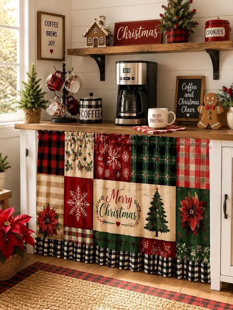 1pc Red Green Christmas Patchwork Cabinet Curtain, Farmhouse Polyester Rectangular Under Sink Skirt With Buffalo Plaid Ruffle Hem, Decorative Kitchen Cover Panel For Christmas Decorations For Home,