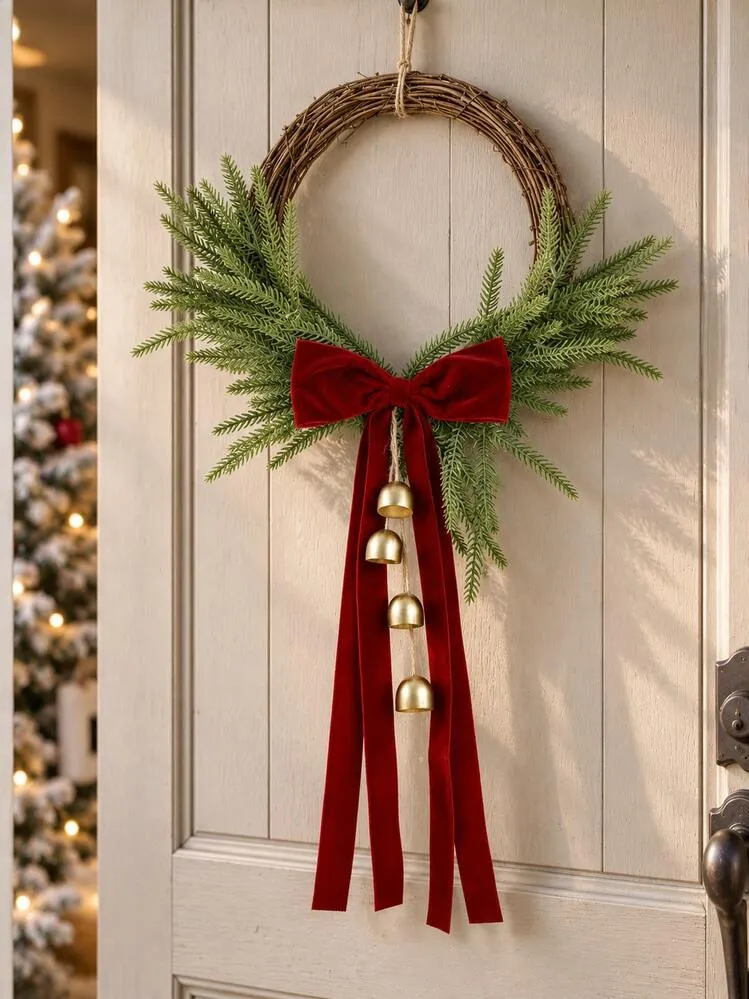 1pc Rustic Pine Branch Bell Tassel Christmas Wreath, Front Door Hanging Decor With Holiday Bow And Tassel Details, Holiday Porch Wall Decoration, Christmas Seasonal Home Entryway Decor, Indoor/Outdo
