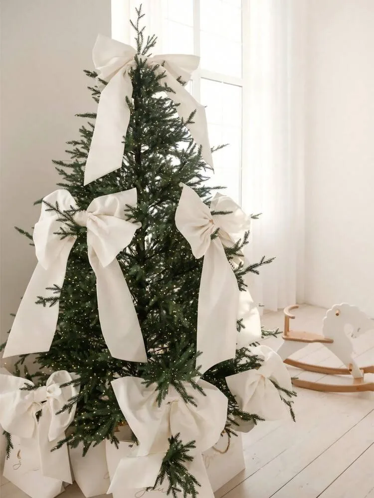1pc White Christmas Tree Bow, Wedding Decoration Bow, Christmas Decoration, 2026  Christmas Aesthetic, Satin Bow Tree Top Decor - Beige/Red Large Elegant  Christmas Tree Bow, Suitable For Christmas Wi