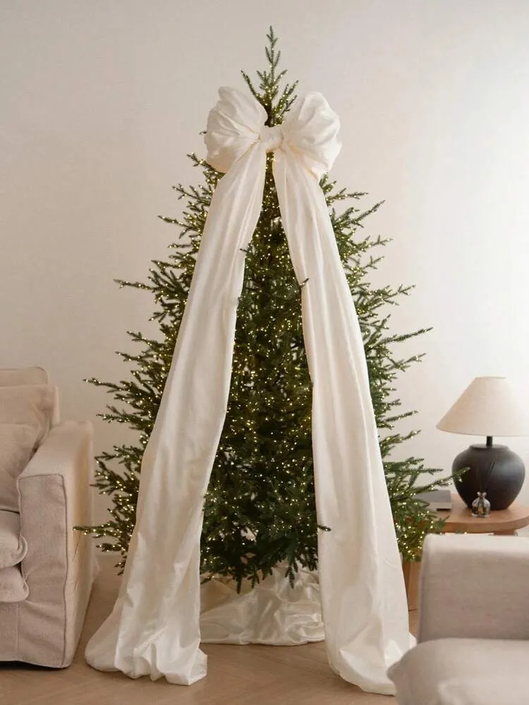 1pc White Christmas Tree Bow, Wedding Decor Bow, Christmas Decoration, 2026 Christmas Aesthetic, Satin Bow Tree Top Decor - Beige/Red Large Elegant Christmas Tree Bow, For Christmas Winter Decoratio