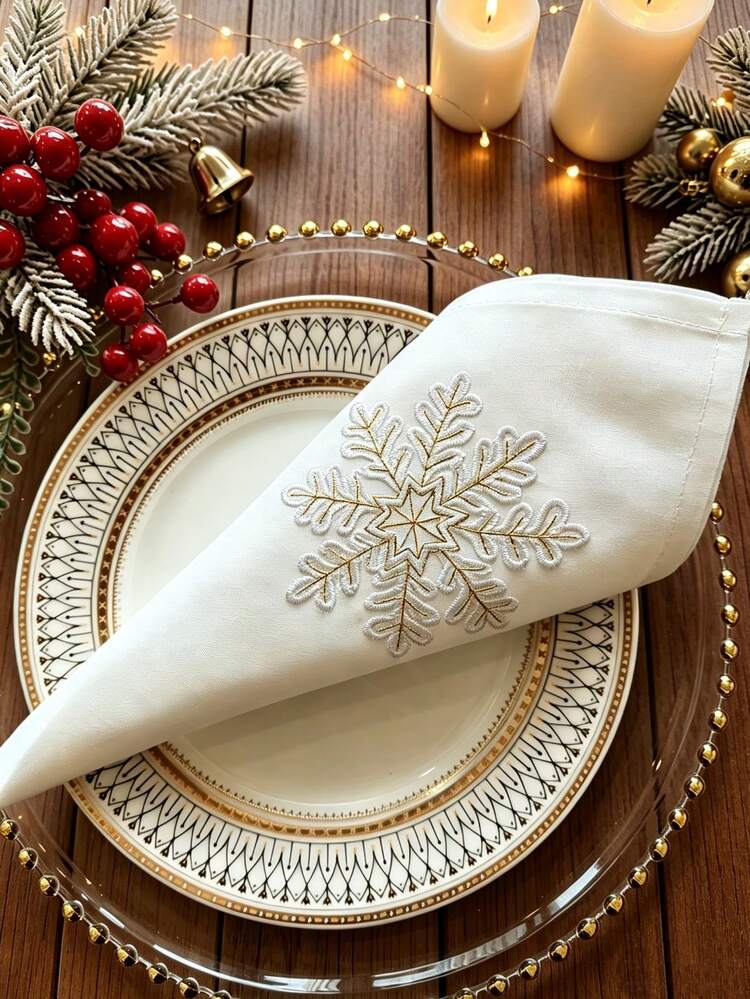 1pc/2pcs/4pcs Christmas Vintage Baroque Style Fabric Napkins, Shiny Gold Scroll Floral Embroidery, Washable White Cloth Napkins, Elegant Table Decor, Suitable For Wedding Reception, Bridal Shower, H