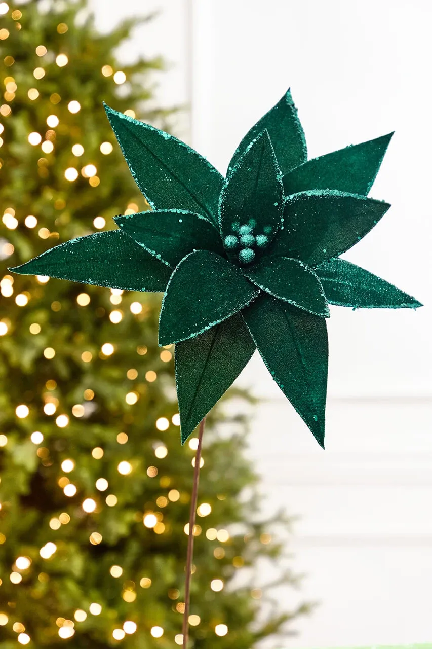20' x 15' Emerald Velvet Glitter Poinsettia Stem